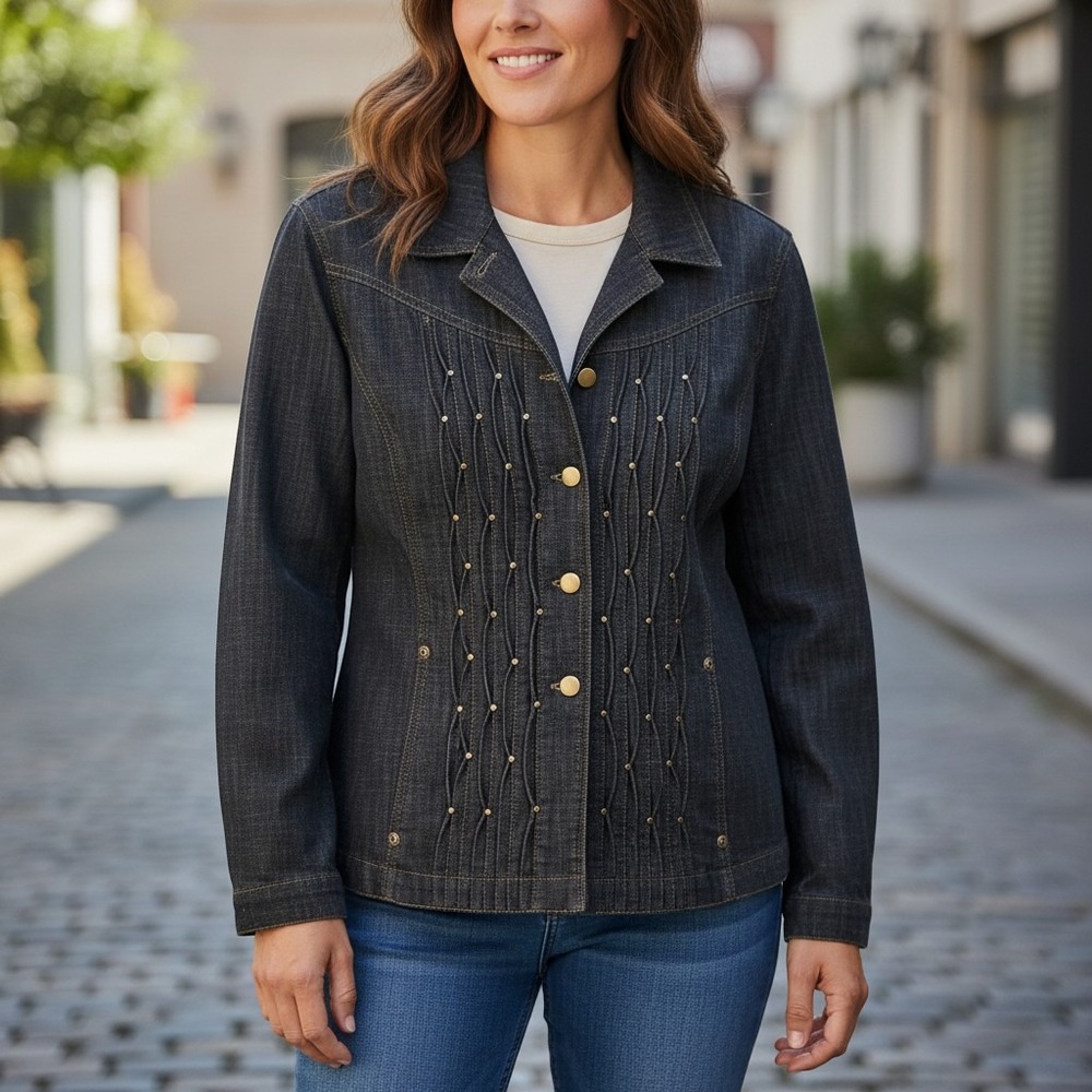 Coldwater Creek Dark Wash Denim Jacket Pintuck Studded Blue Womens 12